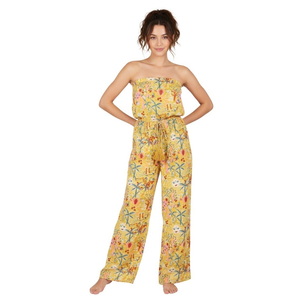 Roller Rabbit Yellow Tropical Strapless 100% Cotton Jumpsuit XS S Boho Resort‎